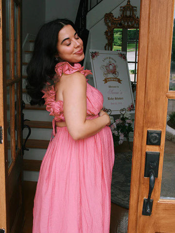 Pink Tulle Splicing Ruffle Pleated Tie Back V-Neck High Waist Cocktail Party Gowns Cute Baby Shower Maternity Maxi Dress Maternity